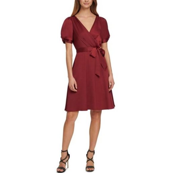 Dkny Dresses Dkny Maroon Belted Pouf Sleeve Dress Poshmark